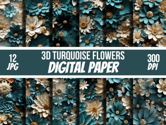 3D Turquoise Flowers Paper Patterns