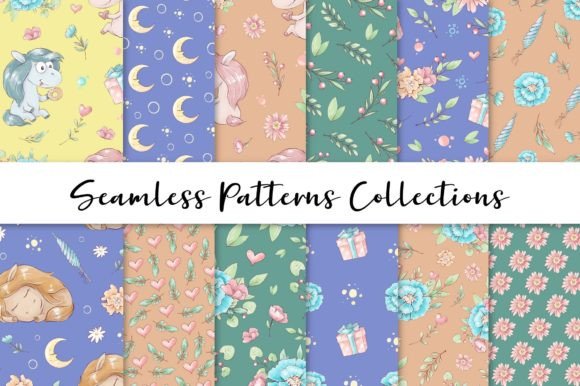 Cute Pony. Set of Seamless Patterns