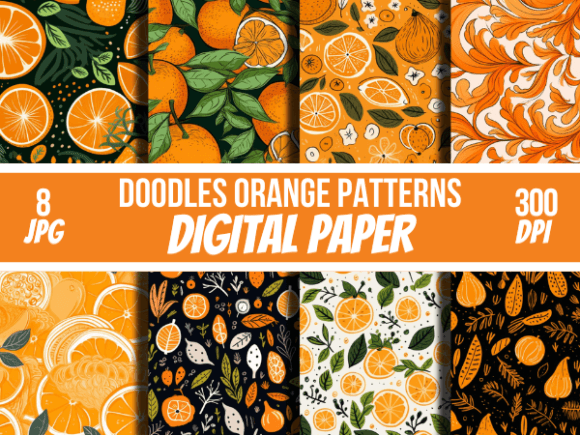 Doodles Orange Patterns Digital Papers
