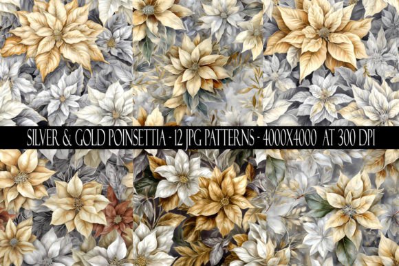 Gold and Silver Poinsettia Patterns for Creative and Commercial Use