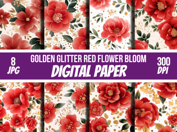Golden Glitter Red Flower Bloom Patterns