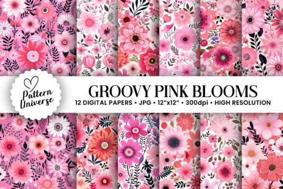 Groovy Pink Flowers Seamless Patterns